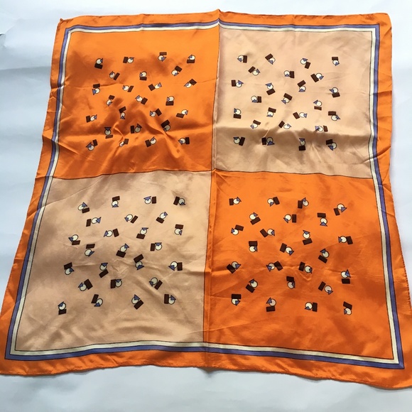 Vintage Scarf 28" Square Hand Rolled Edge Orange Beige Purple Vintage - Picture 1 of 4